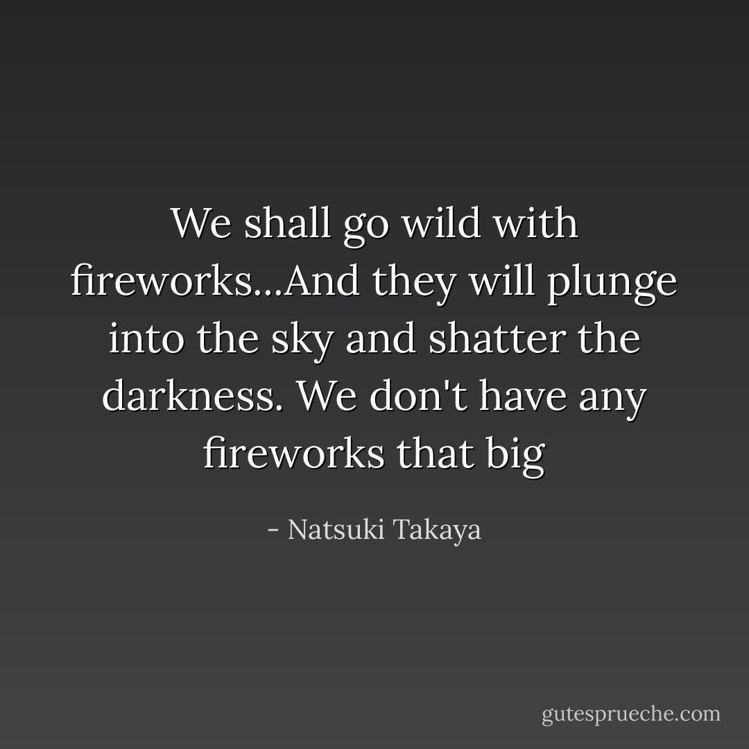 We shall go wild with fireworks...And they will plunge into the sky and shatter the darkness.<br />We don't have any fireworks that big - Natsuki Takaya