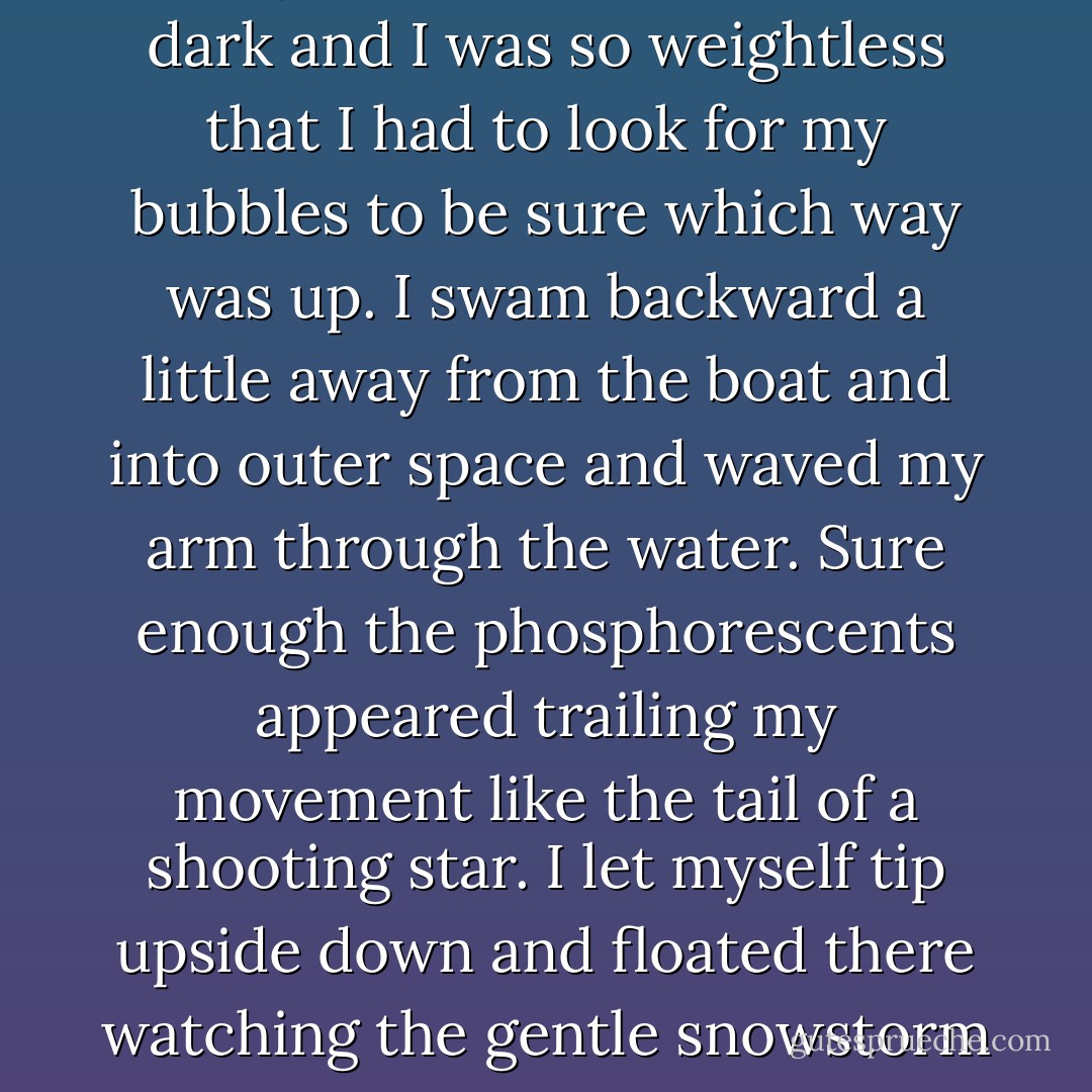 Floating in the void free of gravity I made my way along the side of the ship. I listened to my own breaths. It was so dark and I was so weightless that I had to look for my bubbles to be sure which way was up. I swam backward a little away from the boat and into outer space and waved my arm through the water. Sure enough the phosphorescents appeared trailing my movement like the tail of a shooting star. I let myself tip upside down and floated there watching the gentle snowstorm marveling that a world of such strangeness existed here all the time just under the surface. - Elisabeth Eaves