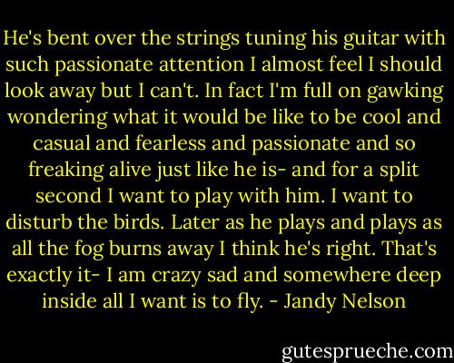 He's bent over the strings tuning his guitar with such passionate attention I almost feel I should look away but I can't. In fact I'm full on gawking wondering what it would be like to be cool and casual and fearless and passionate and so freaking alive just like he is- and for a split second I want to play with him. I want to disturb the birds. Later as he plays and plays as all the fog burns away I think he's right. That's exactly it- I am crazy sad and somewhere deep inside all I want is to fly. - Jandy Nelson