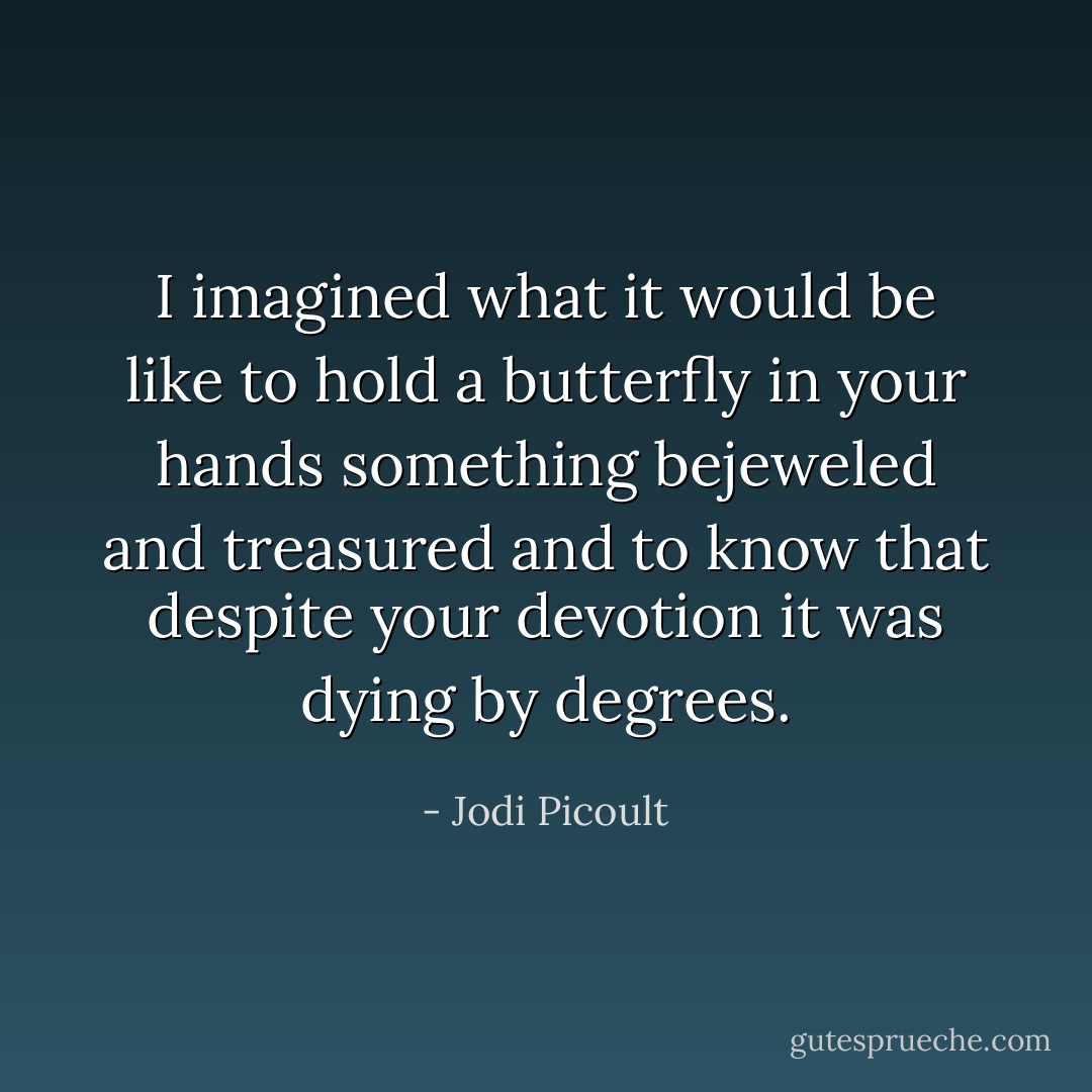 I imagined what it would be like to hold a butterfly in your hands something bejeweled and treasured and to know that despite your devotion it was dying by degrees. - Jodi Picoult