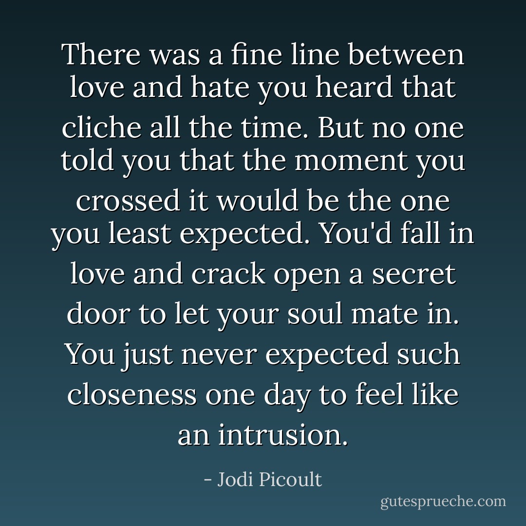 There was a fine line between love and hate you heard that cliche all the time. But no one told you that the moment you crossed it would be the one you least expected. You'd fall in love and crack open a secret door to let your soul mate in. You just never expected such closeness one day to feel like an intrusion. - Jodi Picoult