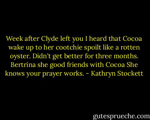 Week after Clyde left you I heard that Cocoa wake up to her cootchie spoilt like a rotten oyster. Didn't get better for three months. Bertrina she good friends with Cocoa She knows your prayer works. - Kathryn Stockett