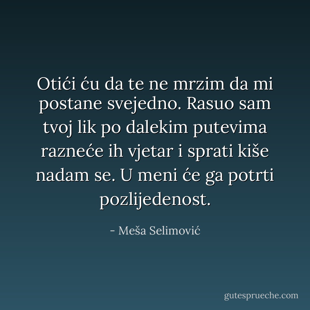Otići ću da te ne mrzim da mi postane svejedno. Rasuo sam tvoj lik po dalekim putevima razneće ih vjetar i sprati kiše nadam se. U meni će ga potrti pozlijedenost. - Meša Selimović