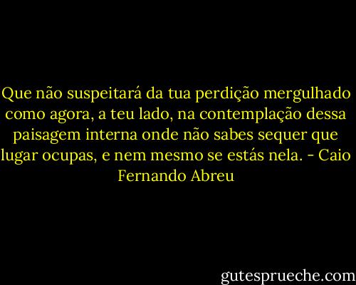 Que não suspeitará da tua perdição mergulhado como agora, a teu lado, na contemplação dessa paisagem interna onde não sabes sequer que lugar ocupas, e nem mesmo se estás nela. - Caio Fernando Abreu