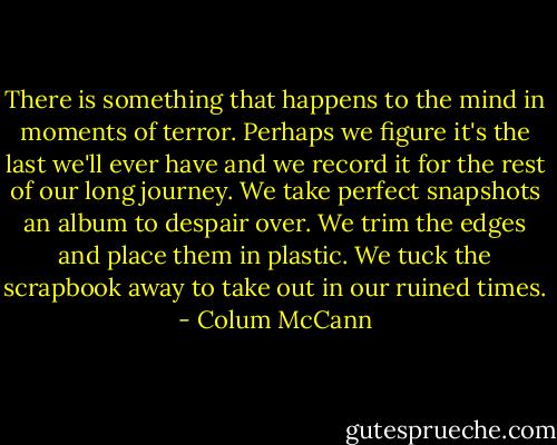 There is something that happens to the mind in moments of terror. Perhaps we figure it's the last we'll ever have and we record it for the rest of our long journey. We take perfect snapshots an album to despair over. We trim the edges and place them in plastic. We tuck the scrapbook away to take out in our ruined times. - Colum McCann