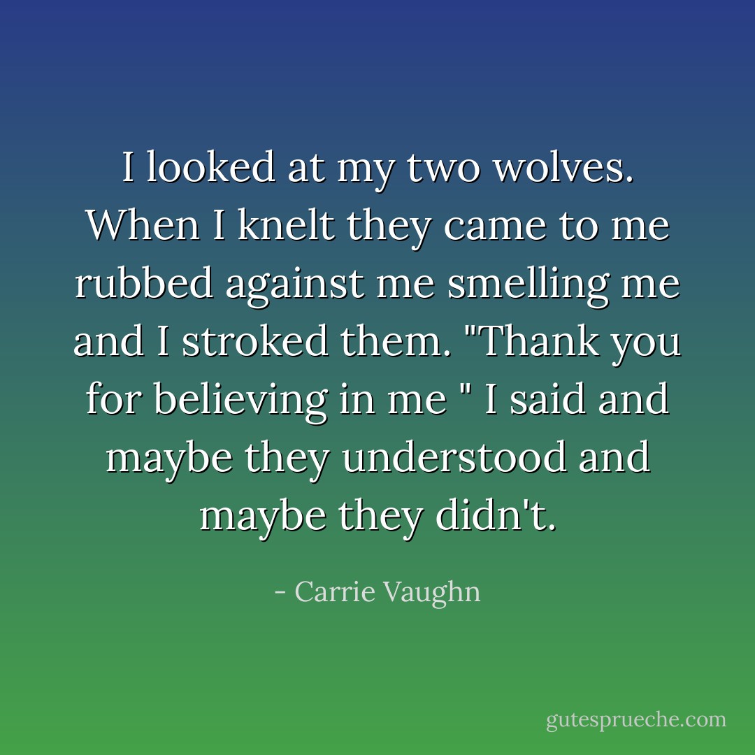 I looked at my two wolves. When I knelt they came to me rubbed against me smelling me and I stroked them. "Thank you for believing in me " I said and maybe they understood and maybe they didn't. - Carrie Vaughn
