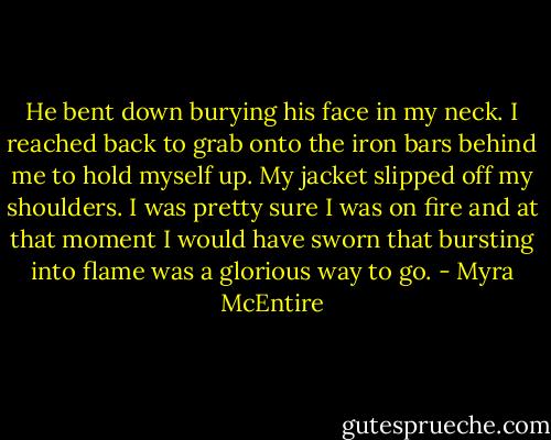 He bent down burying his face in my neck. I reached back to grab onto the iron bars behind me to hold myself up. My jacket slipped off my shoulders. I was pretty sure I was on fire and at that moment I would have sworn that bursting into flame was a glorious way to go. - Myra McEntire