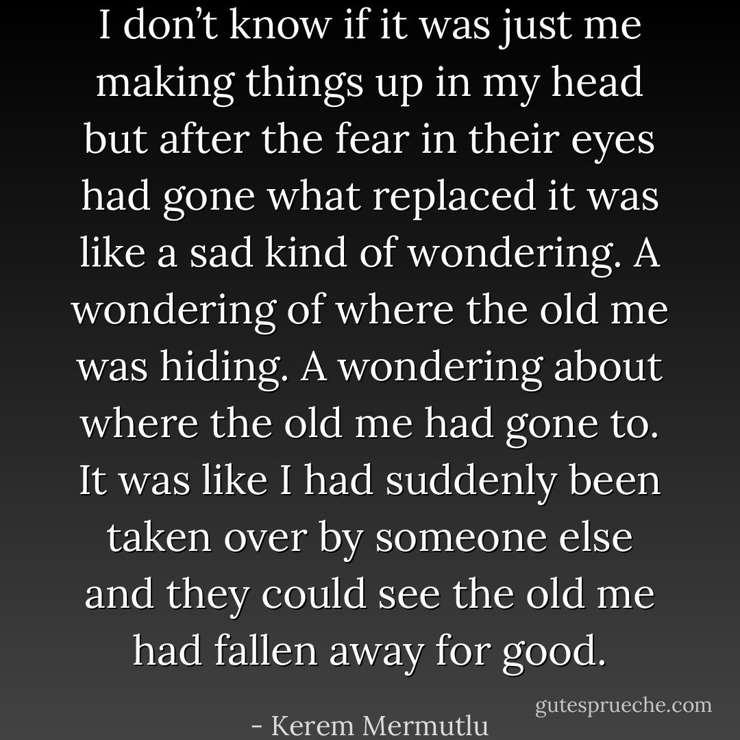 I don’t know if it was just me making things up in my head but after the fear in their eyes had gone what replaced it was like a sad kind of wondering. A wondering of where the old me was hiding. A wondering about where the old me had gone to. It was like I had suddenly been taken over by someone else and they could see the old me had fallen away for good. - Kerem Mermutlu