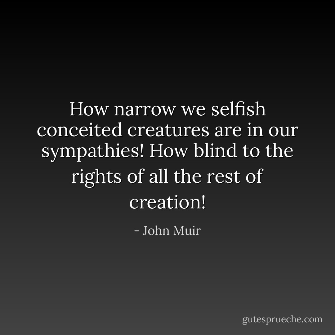 How narrow we selfish conceited creatures are in our sympathies! How blind to the rights of all the rest of creation! - John Muir