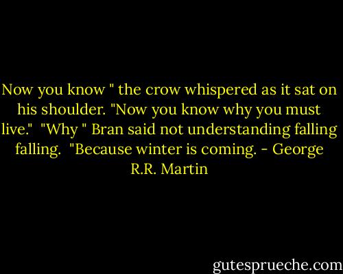 Now you know " the crow whispered as it sat on his shoulder. "Now you know why you must live."<br /> "Why " Bran said not understanding falling falling.<br /> "Because winter is coming. - George R.R. Martin