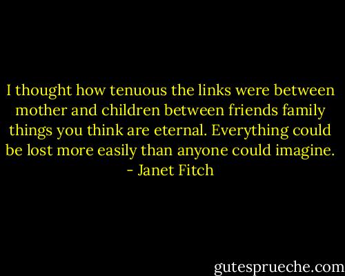 I thought how tenuous the links were between mother and children between friends family things you think are eternal. Everything could be lost more easily than anyone could imagine. - Janet Fitch