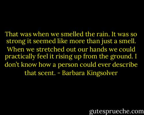 That was when we smelled the rain. It was so strong it seemed like more than just a smell. When we stretched out our hands we could practically feel it rising up from the ground. I don’t know how a person could ever describe that scent. - Barbara Kingsolver