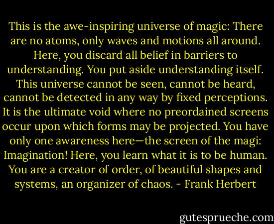 This is the awe-inspiring universe of magic: There are no atoms, only waves and motions all around. Here, you discard all belief in barriers to understanding. You put aside understanding itself. This universe cannot be seen, cannot be heard, cannot be detected in any way by fixed perceptions. It is the ultimate void where no preordained screens occur upon which forms may be projected. You have only one awareness here—the screen of the magi: Imagination! Here, you learn what it is to be human. You are a creator of order, of beautiful shapes and systems, an organizer of chaos. - Frank Herbert