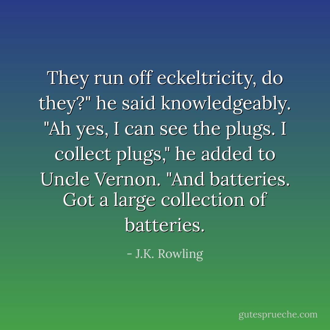 They run off eckeltricity, do they?" he said knowledgeably. "Ah yes, I can see the plugs. I collect plugs," he added to Uncle Vernon. "And batteries. Got a large collection of batteries. - J.K. Rowling