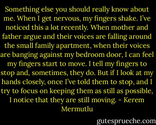 Something else you should really know about me. When I get nervous, my fingers shake. I’ve noticed this a lot recently. When mother and father argue and their voices are falling around the small family apartment, when their voices are banging against my bedroom door, I can feel my fingers start to move. I tell my fingers to stop and, sometimes, they do. But if I look at my hands closely, once I’ve told them to stop, and I try to focus on keeping them as still as possible, I notice that they are still moving. - Kerem Mermutlu