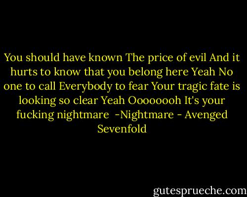 You should have known<br />The price of evil<br />And it hurts to know that you belong here<br />Yeah<br />No one to call<br />Everybody to fear<br />Your tragic fate is looking so clear<br />Yeah<br />Oooooooh<br />It's your fucking nightmare<br /><br />-Nightmare - Avenged Sevenfold