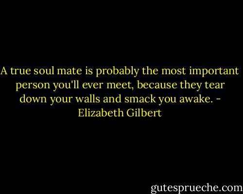 A true soul mate is probably the most important person you'll ever meet, because they tear down your walls and smack you awake. - Elizabeth Gilbert
