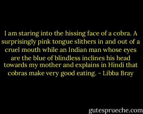I am staring into the hissing face of a cobra. A surprisingly pink tongue slithers in and out of a cruel mouth while an Indian man whose eyes are the blue of blindless inclines his head towards my mother and explains in Hindi that cobras make very good eating. - Libba Bray