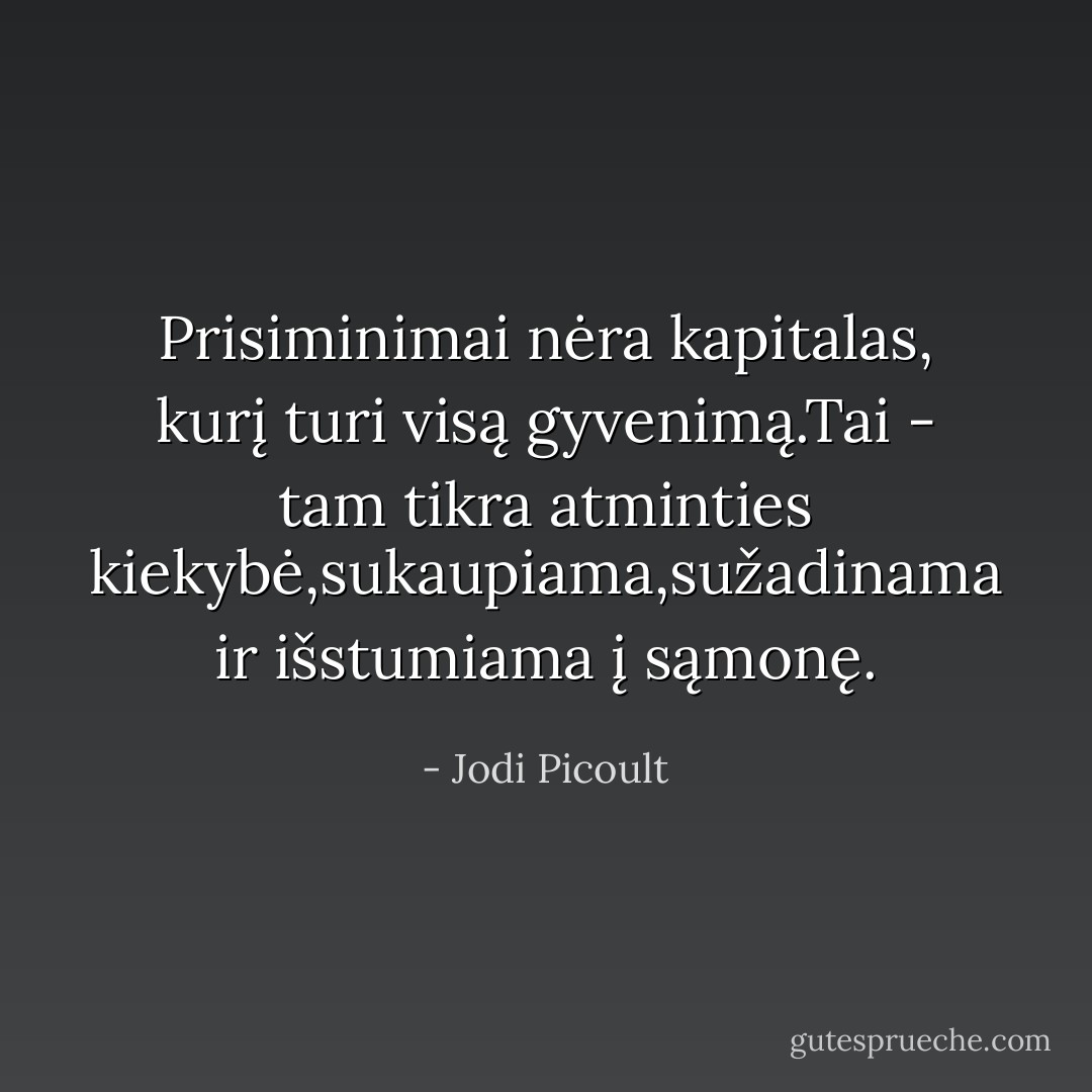 Prisiminimai nėra kapitalas, kurį turi visą gyvenimą.Tai - tam tikra atminties kiekybė,sukaupiama,sužadinama ir išstumiama į sąmonę. - Jodi Picoult