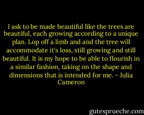 I ask to be made beautiful like the trees are beautiful, each growing according to a unique plan. Lop off a limb and and the tree will accommodate it's loss, still growing and still beautiful. It is my hope to be able to flourish in a similar fashion, taking on the shape and dimensions that is intended for me. - Julia Cameron