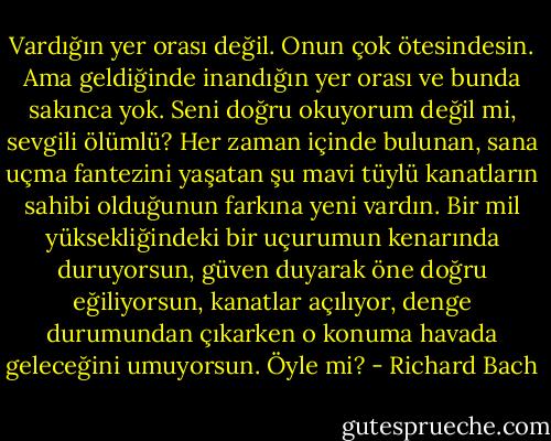 Vardığın yer orası değil. Onun çok ötesindesin. Ama geldiğinde inandığın yer orası ve bunda sakınca yok. Seni doğru okuyorum değil mi, sevgili ölümlü? Her zaman içinde bulunan, sana uçma fantezini yaşatan şu mavi tüylü kanatların sahibi olduğunun farkına yeni vardın. Bir mil yüksekliğindeki bir uçurumun kenarında duruyorsun, güven duyarak öne doğru eğiliyorsun, kanatlar açılıyor, denge durumundan çıkarken o konuma havada geleceğini umuyorsun. Öyle mi? - Richard Bach