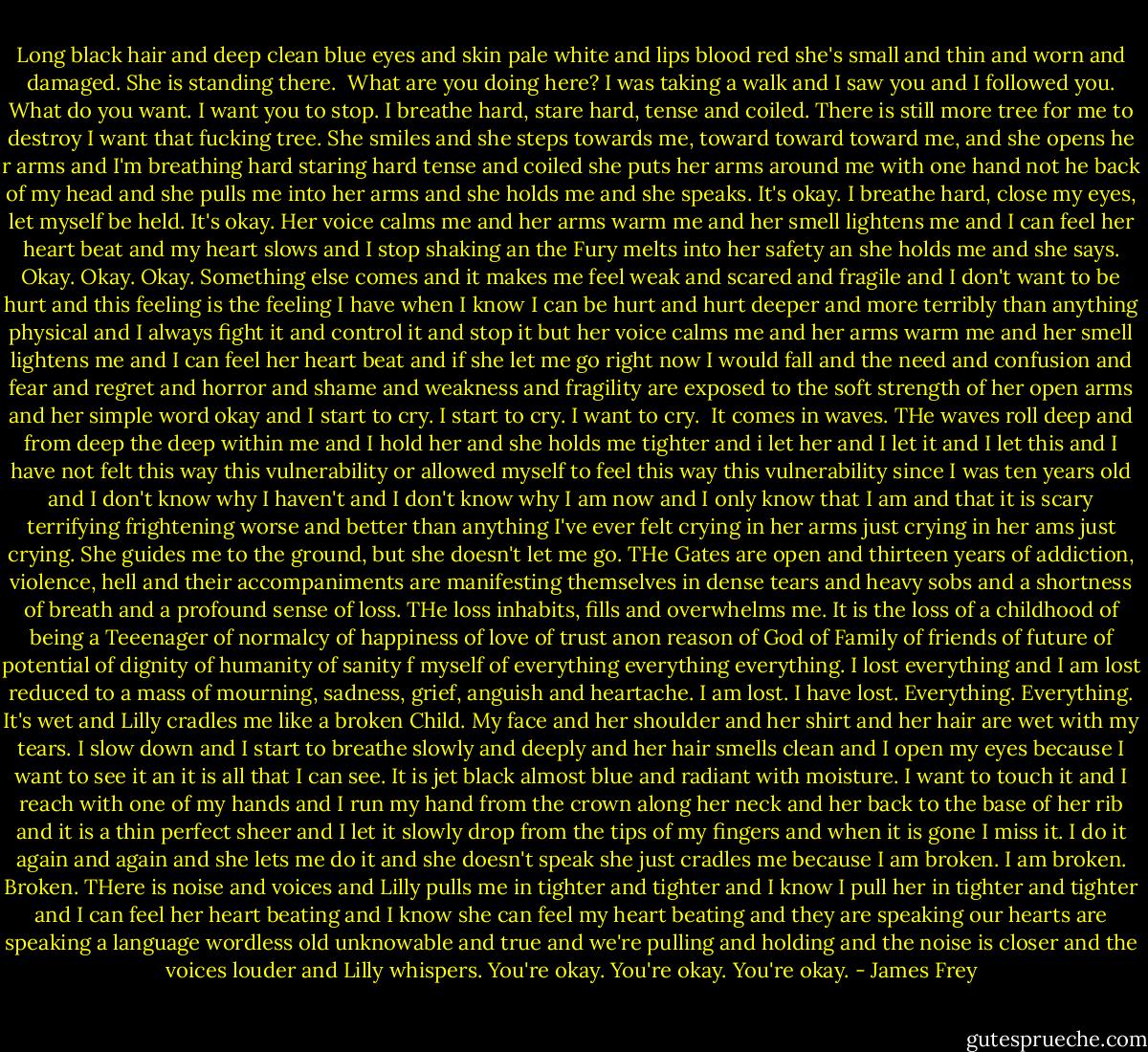 Long black hair and deep clean blue eyes and skin pale white and lips blood red she's small and thin and worn and damaged. She is standing there. <br />What are you doing here?<br />I was taking a walk and I saw you and I followed you.<br />What do you want.<br />I want you to stop.<br />I breathe hard, stare hard, tense and coiled. There is still more tree for me to destroy I want that fucking tree. She smiles and she steps towards me, toward toward toward me, and she opens he r arms and I'm breathing hard staring hard tense and coiled she puts her arms around me with one hand not he back of my head and she pulls me into her arms and she holds me and she speaks.<br />It's okay.<br />I breathe hard, close my eyes, let myself be held.<br />It's okay.<br />Her voice calms me and her arms warm me and her smell lightens me and I can feel her heart beat and my heart slows and I stop shaking an the Fury melts into her safety an she holds me and she says.<br />Okay.<br />Okay.<br />Okay.<br />Something else comes and it makes me feel weak and scared and fragile and I don't want to be hurt and this feeling is the feeling I have when I know I can be hurt and hurt deeper and more terribly than anything physical and I always fight it and control it and stop it but her voice calms me and her arms warm me and her smell lightens me and I can feel her heart beat and if she let me go right now I would fall and the need and confusion and fear and regret and horror and shame and weakness and fragility are exposed to the soft strength of her open arms and her simple word okay and I start to cry. I start to cry. I want to cry. <br />It comes in waves. THe waves roll deep and from deep the deep within me and I hold her and she holds me tighter and i let her and I let it and I let this and I have not felt this way this vulnerability or allowed myself to feel this way this vulnerability since I was ten years old and I don't know why I haven't and I don't know why I am now and I only know that I am and that it is scary terrifying frightening worse and better than anything I've ever felt crying in her arms just crying in her ams just crying.<br />She guides me to the ground, but she doesn't let me go. THe Gates are open and thirteen years of addiction, violence, hell and their accompaniments are manifesting themselves in dense tears and heavy sobs and a shortness of breath and a profound sense of loss. THe loss inhabits, fills and overwhelms me. It is the loss of a childhood of being a Teeenager of normalcy of happiness of love of trust anon reason of God of Family of friends of future of potential of dignity of humanity of sanity f myself of everything everything everything. I lost everything and I am lost reduced to a mass of mourning, sadness, grief, anguish and heartache. I am lost. I have lost. Everything. Everything.<br />It's wet and Lilly cradles me like a broken Child. My face and her shoulder and her shirt and her hair are wet with my tears. I slow down and I start to breathe slowly and deeply and her hair smells clean and I open my eyes because I want to see it an it is all that I can see. It is jet black almost blue and radiant with moisture. I want to touch it and I reach with one of my hands and I run my hand from the crown along her neck and her back to the base of her rib and it is a thin perfect sheer and I let it slowly drop from the tips of my fingers and when it is gone I miss it. I do it again and again and she lets me do it and she doesn't speak she just cradles me because I am broken. I am broken. Broken.<br />THere is noise and voices and Lilly pulls me in tighter and tighter and I know I pull her in tighter and tighter and I can feel her heart beating and I know she can feel my heart beating and they are speaking our hearts are speaking a language wordless old unknowable and true and we're pulling and holding and the noise is closer and the voices louder and Lilly whispers.<br />You're okay.<br />You're okay.<br />You're okay. - James Frey