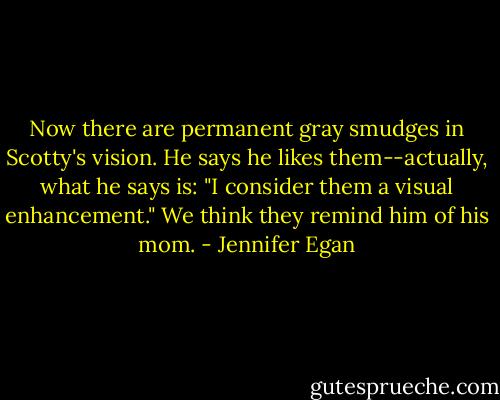 Now there are permanent gray smudges in Scotty's vision. He says he likes them--actually, what he says is: "I consider them a visual enhancement." We think they remind him of his mom. - Jennifer Egan