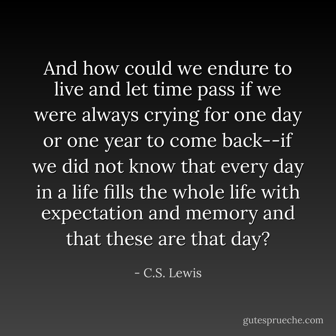 And how could we endure to live and let time pass if we were always crying for one day or one year to come back--if we did not know that every day in a life fills the whole life with expectation and memory and that these are that day? - C.S. Lewis