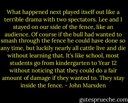 What happened next played itself out like a terrible drama with two spectators. Lee and I stayed on our side of the fence, like an audience. Of course if the bull had wanted to smash through the fence he could have done so any time, but luckily nearly all cattle live and die without learning that. It's like school, most students go from kindergarten to Year 12 without noticing that they could do a fair amount of damage if they wanted to. They stay inside the fence. - John Marsden