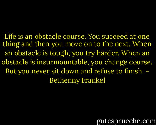 Life is an obstacle course. You succeed at one thing and then you move on to the next. When an obstacle is tough, you try harder. When an obstacle is insurmountable, you change course. But you never sit down and refuse to finish. - Bethenny Frankel