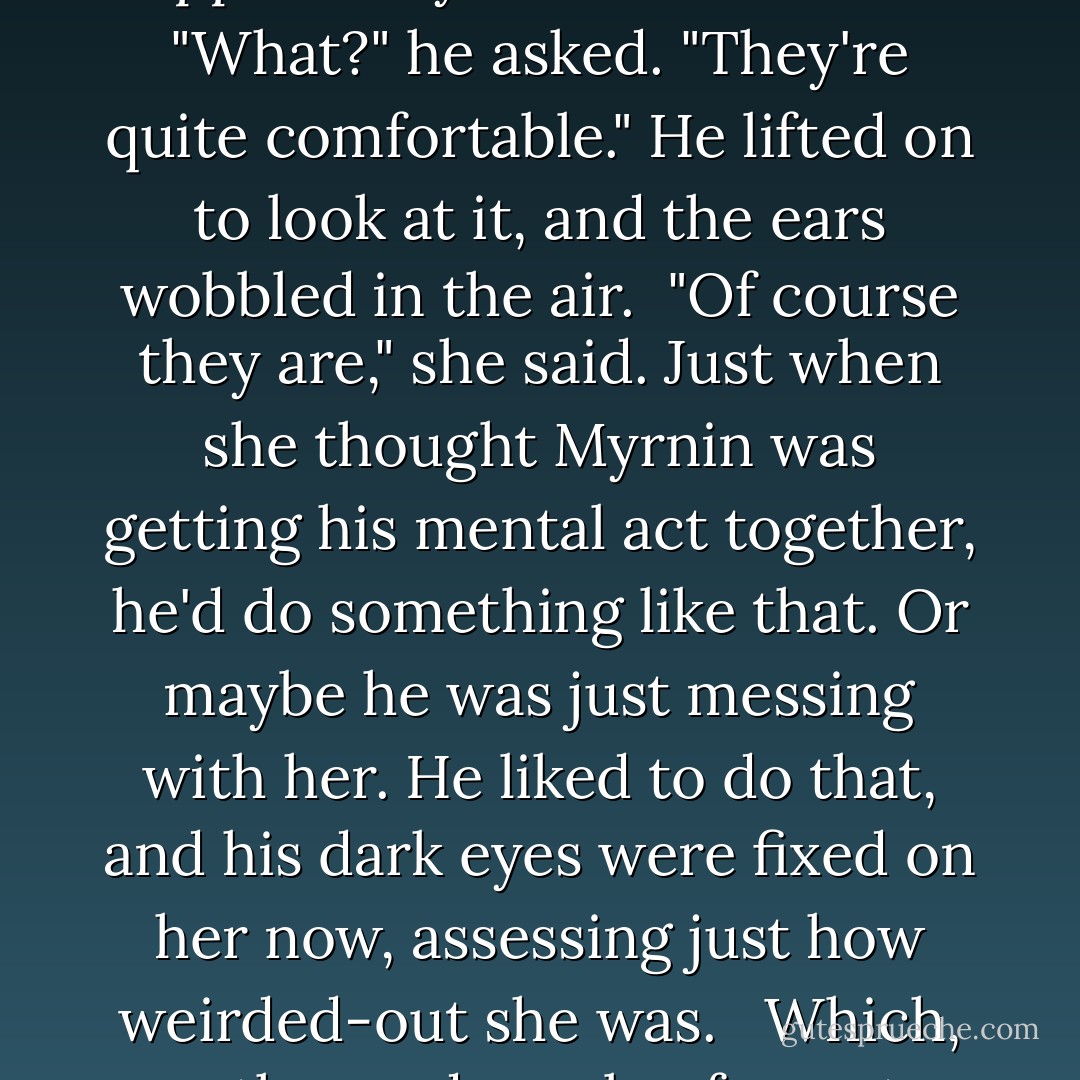 Claire found herself staring at his feet, which were in bunny slippers.<br /> Myrnin looked down. "What?" he asked. "They're quite comfortable." He lifted on to look at it, and the ears wobbled in the air.<br /> "Of course they are," she said. Just when she thought Myrnin was getting his mental act together, he'd do something like that. Or maybe he was just messing with her. He liked to do that, and his dark eyes were fixed on her now, assessing just how weirded-out she was. <br /> Which, on the grade scale of zero to Myrnin, wasn't much. - Rachel Caine