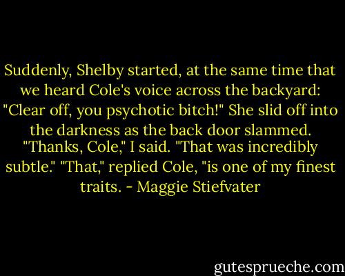 Suddenly, Shelby started, at the same time that we heard Cole's voice across the backyard: "Clear off, you psychotic bitch!"<br />She slid off into the darkness as the back door slammed.<br />"Thanks, Cole," I said. "That was incredibly subtle."<br />"That," replied Cole, "is one of my finest traits. - Maggie Stiefvater