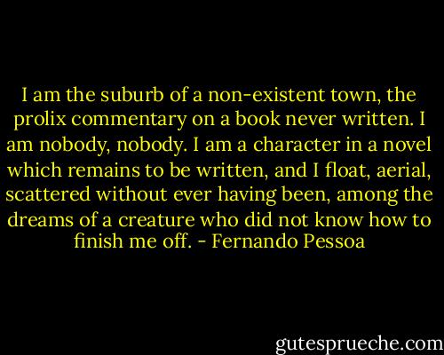 I am the suburb of a non-existent town, the prolix commentary on a book never written. I am nobody, nobody. I am a character in a novel which remains to be written, and I float, aerial, scattered without ever having been, among the dreams of a creature who did not know how to finish me off. - Fernando Pessoa