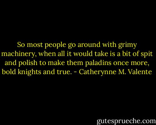 So most people go around with grimy machinery, when all it would take is a bit of spit and polish to make them paladins once more, bold knights and true. - Catherynne M. Valente