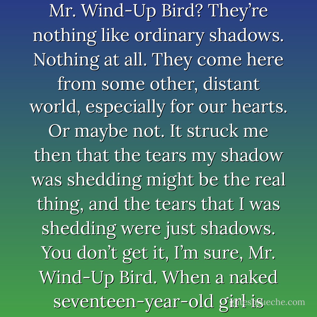 Then I noticed that my shadow was crying too, shedding clear, sharp shadow tears. Have you ever seen the shadows of tears, Mr. Wind-Up Bird? They’re nothing like ordinary shadows. Nothing at all. They come here from some other, distant world, especially for our hearts. Or maybe not. It struck me then that the tears my shadow was shedding might be the real thing, and the tears that I was shedding were just shadows. You don’t get it, I’m sure, Mr. Wind-Up Bird. When a naked seventeen-year-old girl is shedding tears in the moonlight, anything can happen. It’s true. - Haruki Murakami