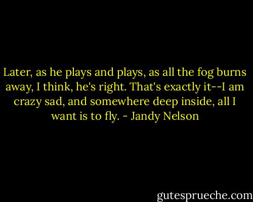 Later, as he plays and plays, as all the fog burns away, I think, he's right. That's exactly it--I am crazy sad, and somewhere deep inside, all I want is to fly. - Jandy Nelson