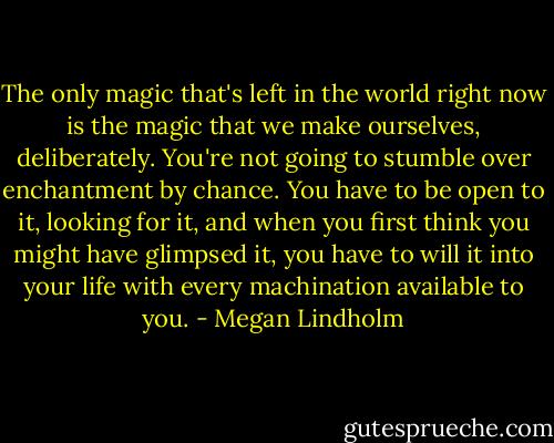The only magic that's left in the world right now is the magic that we make ourselves, deliberately. You're not going to stumble over enchantment by chance. You have to be open to it, looking for it, and when you first think you might have glimpsed it, you have to will it into your life with every machination available to you. - Megan Lindholm
