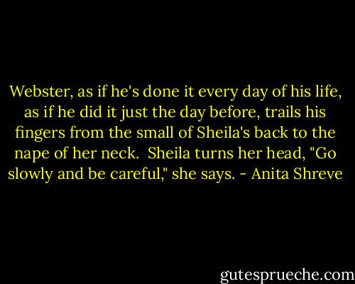 Webster, as if he's done it every day of his life, as if he did it just the day before, trails his fingers from the small of Sheila's back to the nape of her neck.<br /><br />Sheila turns her head, "Go slowly and be careful," she says. - Anita Shreve