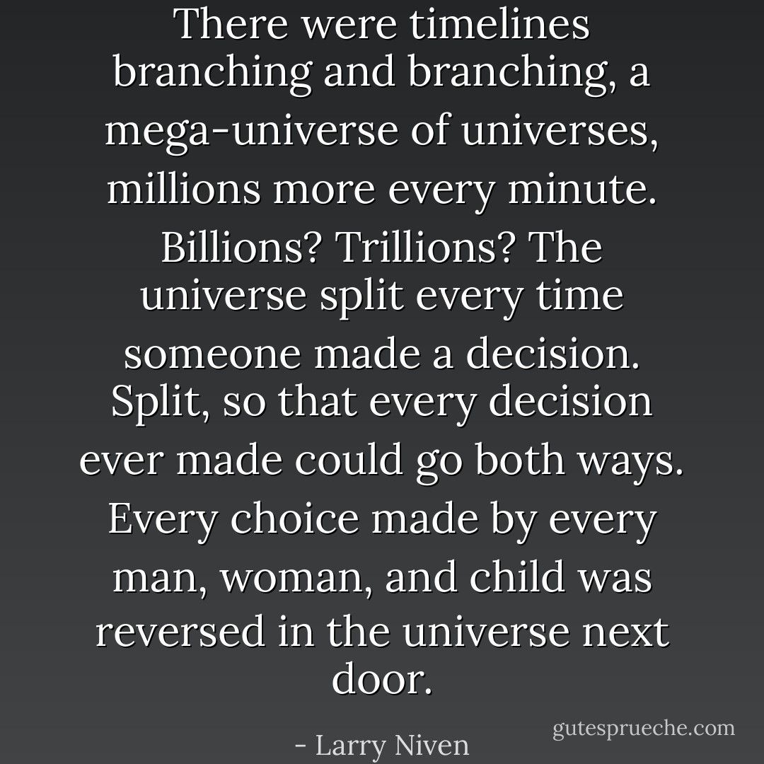 There were timelines branching and branching, a mega-universe of universes, millions more every minute. Billions? Trillions? The universe split every time someone made a decision. Split, so that every decision ever made could go both ways. Every choice made by every man, woman, and child was reversed in the universe next door. - Larry Niven