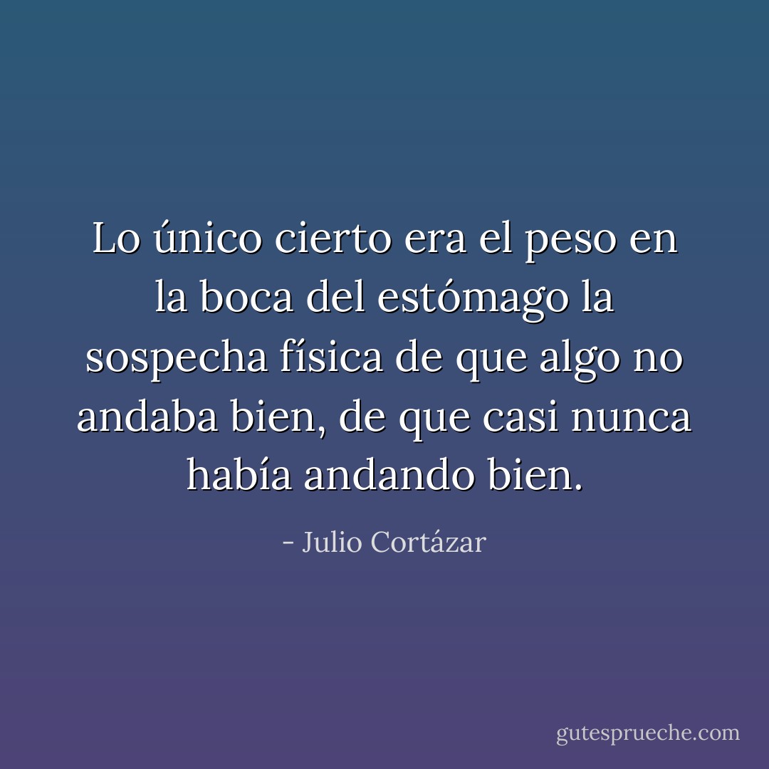 Lo único cierto era el peso en la boca del estómago la sospecha física de que algo no andaba bien, de que casi nunca había andando bien. - Julio Cortázar