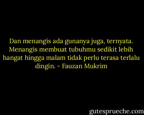 Dan menangis ada gunanya juga, ternyata. Menangis membuat tubuhmu sedikit lebih hangat hingga malam tidak perlu terasa terlalu dingin. - Fauzan Mukrim