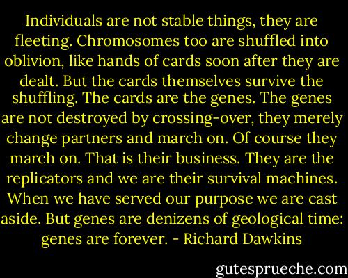 Individuals are not stable things, they are fleeting. Chromosomes too are shuffled into oblivion, like hands of cards soon after they are dealt. But the cards themselves survive the shuffling. The cards are the genes. The genes are not destroyed by crossing-over, they merely change partners and march on. Of course they march on. That is their business. They are the replicators and we are their survival machines. When we have served our purpose we are cast aside. But genes are denizens of geological time: genes are forever. - Richard Dawkins