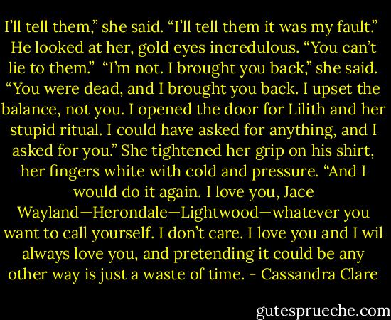 I’ll tell them,” she said. “I’ll tell them it was my fault.”<br /><br />He looked at her, gold eyes incredulous. “You can’t lie to them.”<br /><br />“I’m not. I brought you back,” she said. “You were dead, and I brought you back. I upset the balance, not you. I opened the door for Lilith and her stupid ritual. I could have asked for anything, and I asked for you.” She tightened her grip on his shirt, her fingers white with cold and pressure. “And I would do it again. I love you, Jace Wayland—Herondale—Lightwood—whatever you want to call yourself. I don’t care. I love you and I wil always love you, and pretending it could be any other way is just a waste of time. - Cassandra Clare