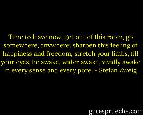 Time to leave now, get out of this room, go somewhere, anywhere; sharpen this feeling of happiness and freedom, stretch your limbs, fill your eyes, be awake, wider awake, vividly awake in every sense and every pore. - Stefan Zweig