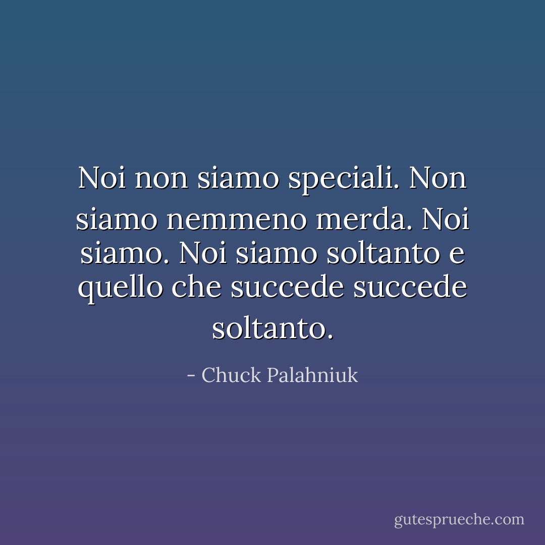Noi non siamo speciali.<br />Non siamo nemmeno merda.<br />Noi siamo.<br />Noi siamo soltanto e quello che succede succede soltanto. - Chuck Palahniuk