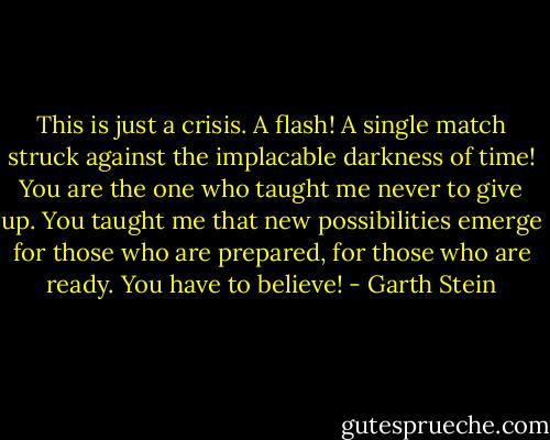 This is just a crisis. A flash! A single match struck against the implacable darkness of time! You are the one who taught me never to give up. You taught me that new possibilities emerge for those who are prepared, for those who are ready. You have to believe! - Garth Stein