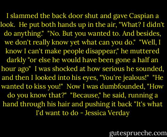 I slammed the back door shut and gave Caspian a look.<br /><br />He put both hands up in the air, "What? I didn't do anything."<br /><br />"No. But you wanted to. And besides, we don't really know yet what can you do."<br /><br />"Well, I know I can't make people disappear," he muttered darkly "or else he would have been gone a half an hour ago"<br /><br />I was shocked at how serious he sounded, and then I looked into his eyes, "You're jealous!"<br /><br />"He wanted to kiss you!"<br /><br />Now I was dumbfounded, "How do you know that?"<br /><br />"Because," he said, running a hand through his hair and pushing it back "It's what I'd want to do - Jessica Verday