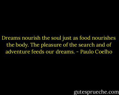 Dreams nourish the soul just as food nourishes the body. The pleasure of the search and of adventure feeds our dreams. - Paulo Coelho