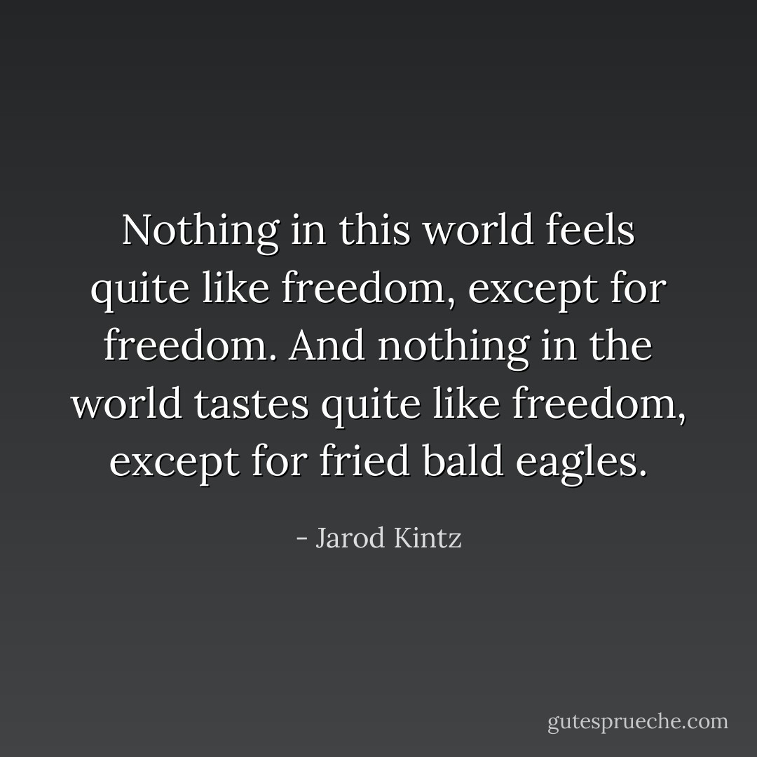Nothing in this world feels quite like freedom, except for freedom. And nothing in the world tastes quite like freedom, except for fried bald eagles. - Jarod Kintz