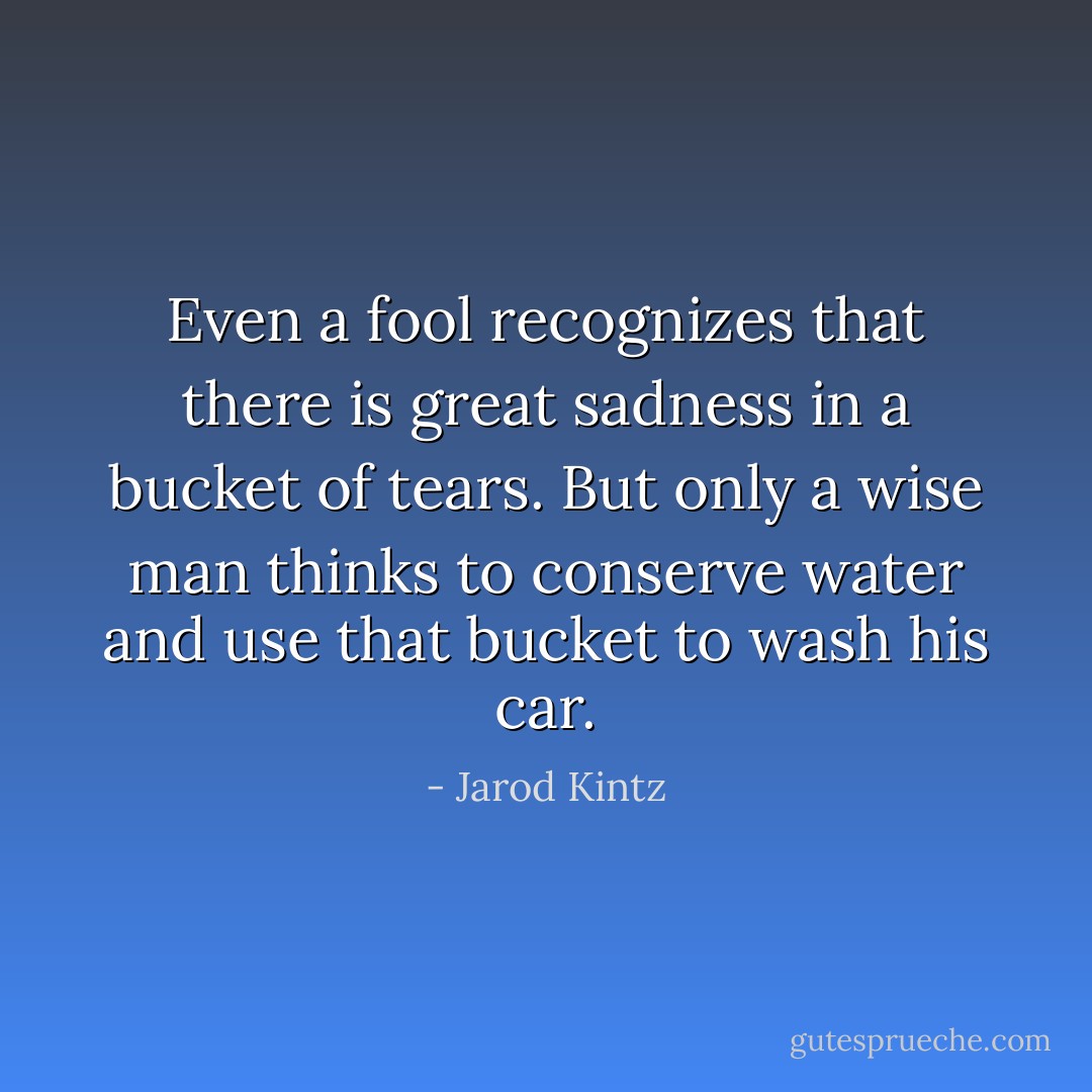 Even a fool recognizes that there is great sadness in a bucket of tears. But only a wise man thinks to conserve water and use that bucket to wash his car. - Jarod Kintz